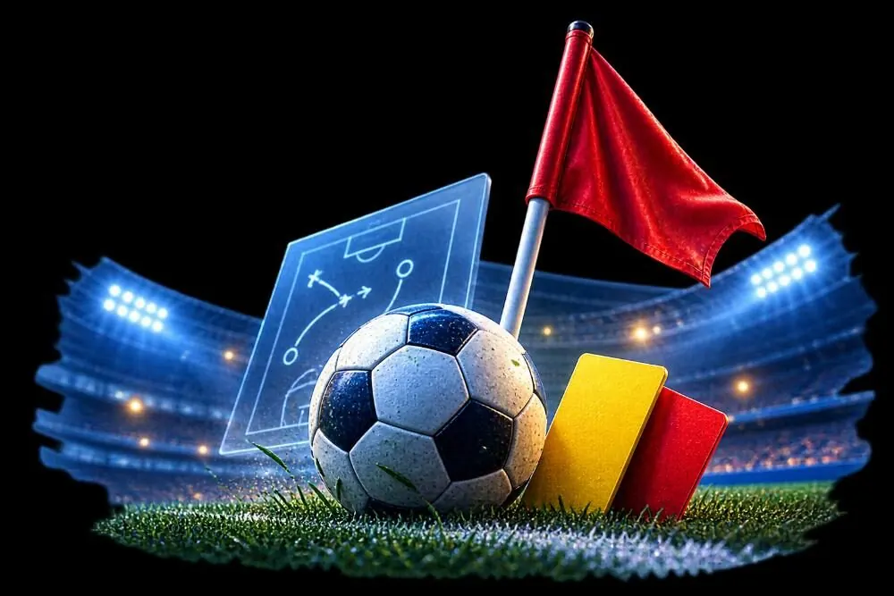 Match ball, corner flag, tactics board and yellow and red cards together