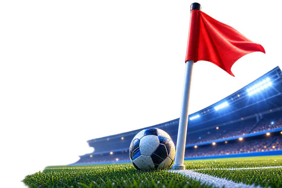 Corner flag and match ball on a floodlit pitch