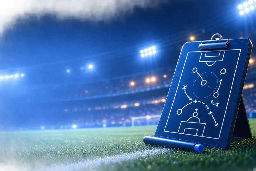Tactics board standing on a floodlit pitch