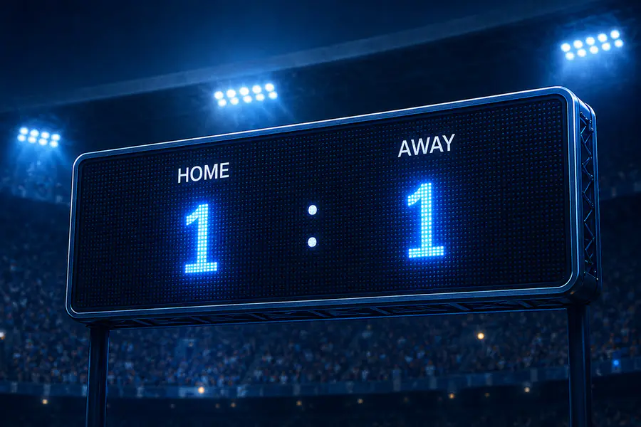 Stadium scoreboard reading Home 1 – Away 1