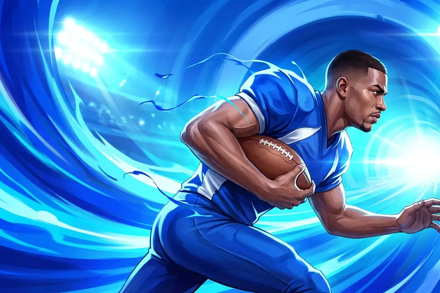 American football player carrying the ball through blue light trails