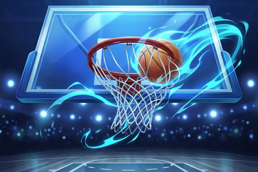 Basketball dropping through the hoop in a floodlit arena