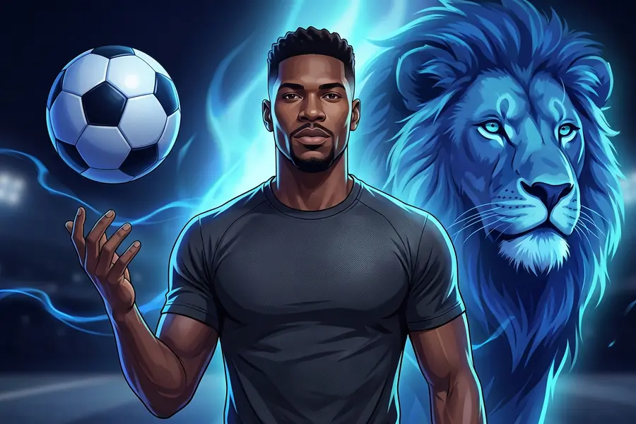 Footballer with a ball and a glowing blue lion