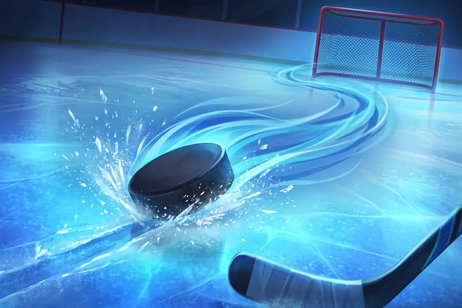 Ice hockey puck and stick striking the rink