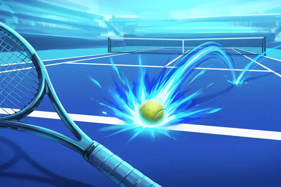 Tennis racket and ball striking a blue hard court
